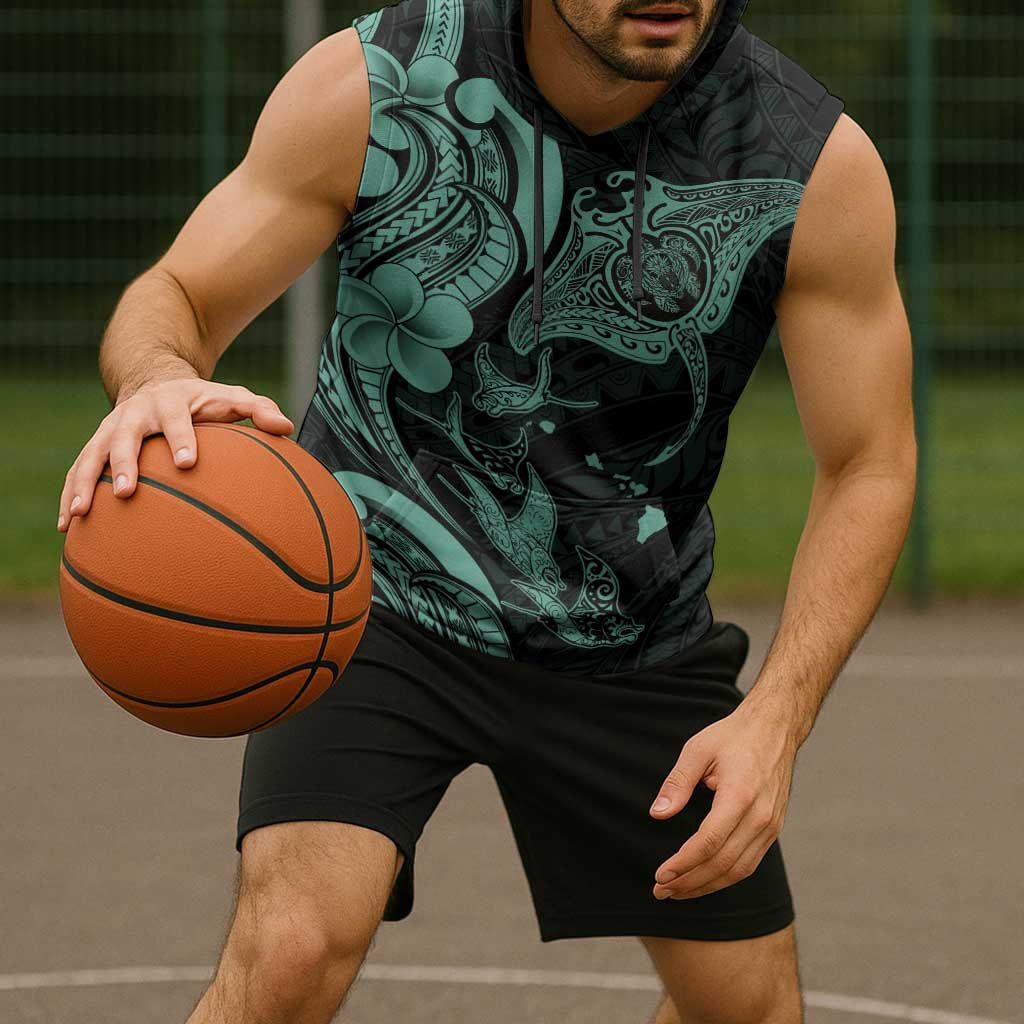 Hawaiian Manta Rays Sleeveless Hoodie Tribal Hibiscus Polynesian Tattoos Turquoise Color - Polynesian Pride