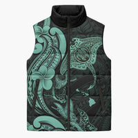 Hawaiian Manta Rays Sleeveless Puffer Jacket Tribal Hibiscus Polynesian Tattoos Turquoise Color - Polynesian Pride