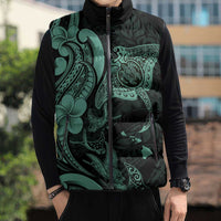 Hawaiian Manta Rays Sleeveless Puffer Jacket Tribal Hibiscus Polynesian Tattoos Turquoise Color - Polynesian Pride