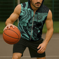 Hawaiian Manta Rays Sleeveless Zip Hoodie Tribal Hibiscus Polynesian Tattoos Turquoise Color - Polynesian Pride
