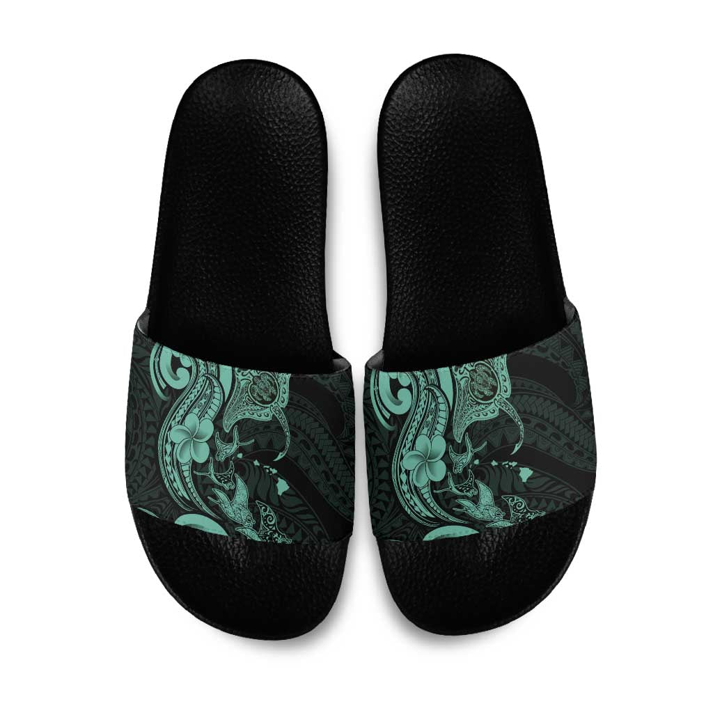 Hawaiian Manta Rays Slide Sandals Tribal Hibiscus Polynesian Tattoos Turquoise Color - Polynesian Pride