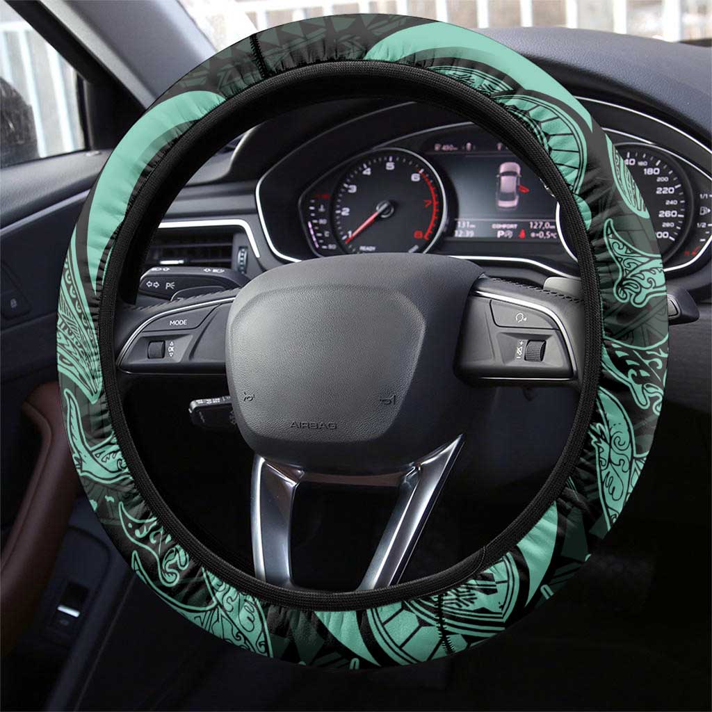 Hawaiian Manta Rays Steering Wheel Cover Tribal Hibiscus Polynesian Tattoos Turquoise Color - Polynesian Pride