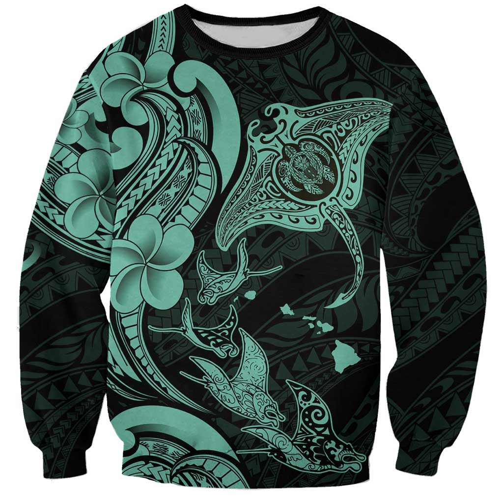 Hawaiian Manta Rays Sweatshirt Tribal Hibiscus Polynesian Tattoos Turquoise Color - Polynesian Pride