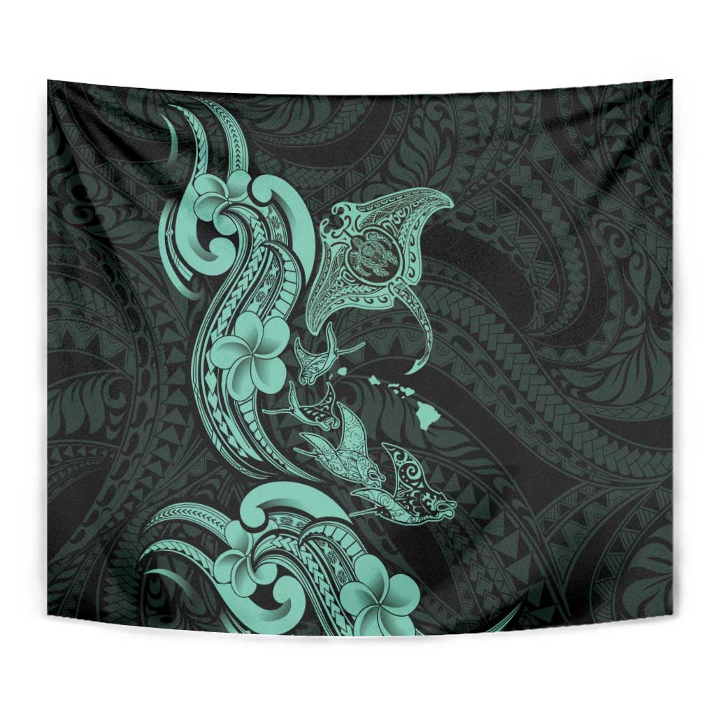 Hawaiian Manta Rays Tapestry Tribal Hibiscus Polynesian Tattoos Turquoise Color - Polynesian Pride