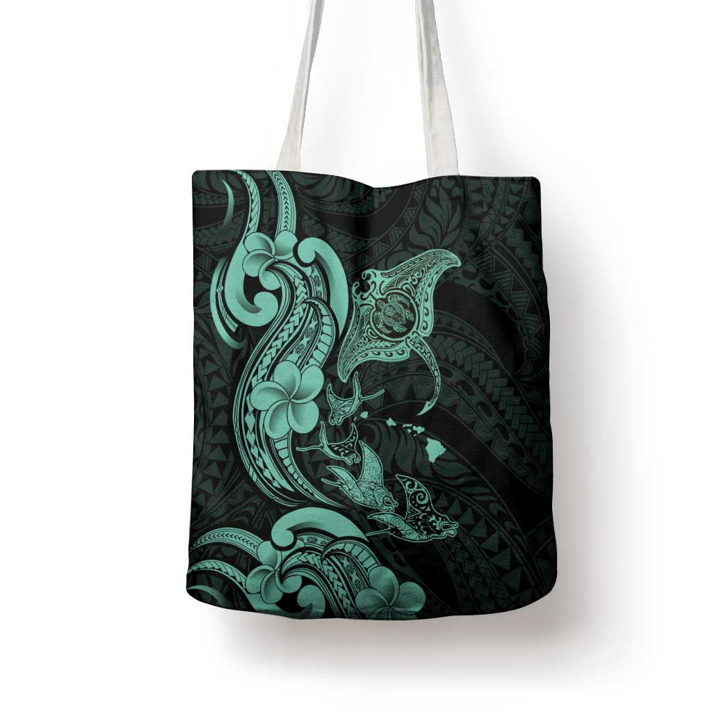 Hawaiian Manta Rays Tote Bag Tribal Hibiscus Polynesian Tattoos Turquoise Color - Polynesian Pride