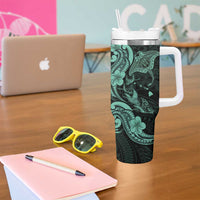 Hawaiian Manta Rays Tumbler With Handle Tribal Hibiscus Polynesian Tattoos Turquoise Color - Polynesian Pride