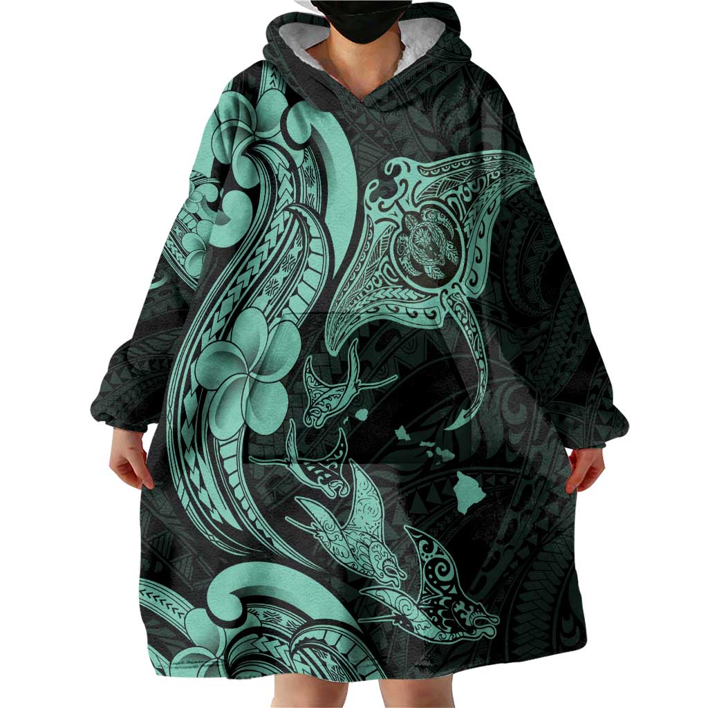 Hawaiian Manta Rays Wearable Blanket Hoodie Tribal Hibiscus Polynesian Tattoos Turquoise Color - Polynesian Pride
