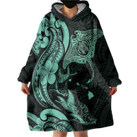 Hawaiian Manta Rays Wearable Blanket Hoodie Tribal Hibiscus Polynesian Tattoos Turquoise Color - Polynesian Pride