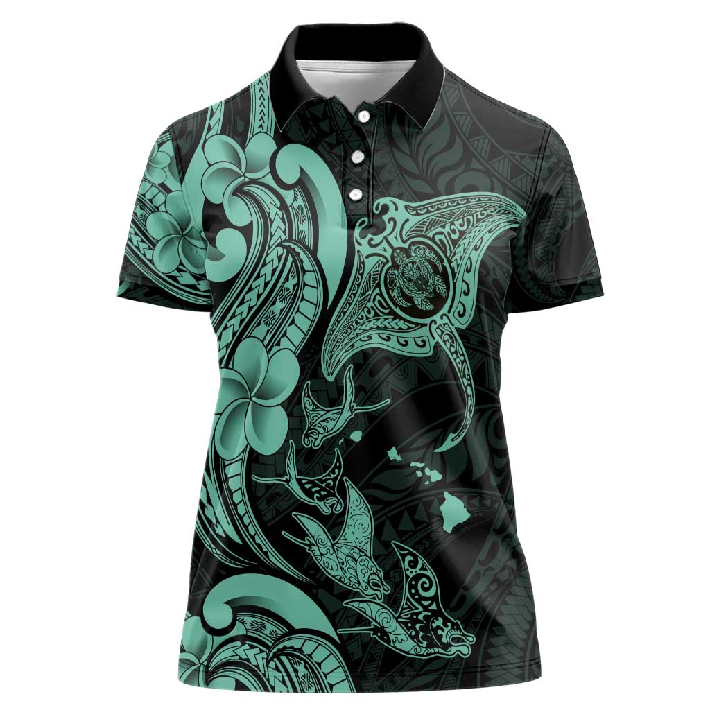 Hawaiian Manta Rays Women Polo Shirt Tribal Hibiscus Polynesian Tattoos Turquoise Color - Polynesian Pride