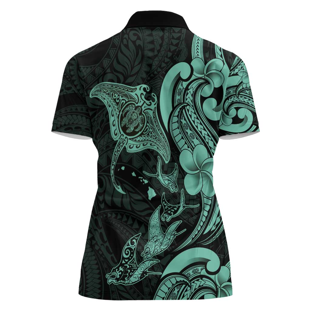 Hawaiian Manta Rays Women Polo Shirt Tribal Hibiscus Polynesian Tattoos Turquoise Color - Polynesian Pride