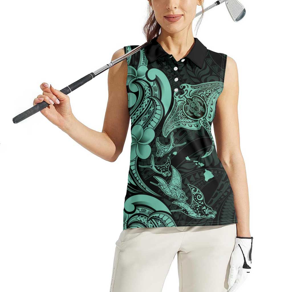 Hawaiian Manta Rays Women Sleeveless Polo Shirt Tribal Hibiscus Polynesian Tattoos Turquoise Color - Polynesian Pride