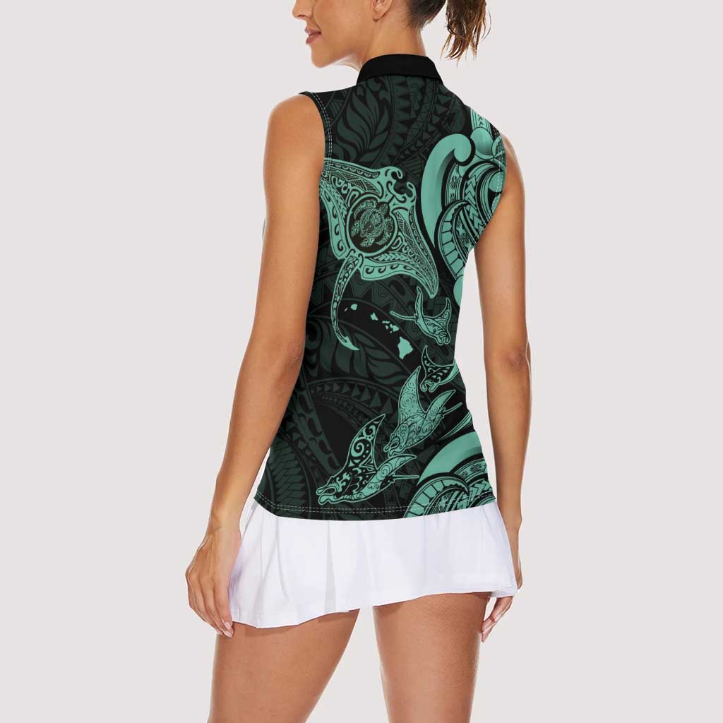 Hawaiian Manta Rays Women Sleeveless Polo Shirt Tribal Hibiscus Polynesian Tattoos Turquoise Color - Polynesian Pride