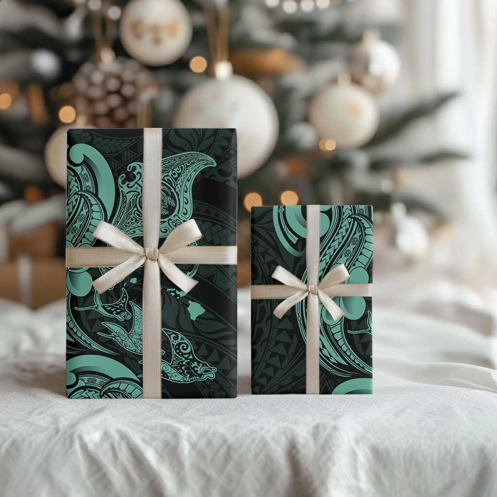 Hawaiian Manta Rays Wrapping Paper Tribal Hibiscus Polynesian Tattoos Turquoise Color - Polynesian Pride