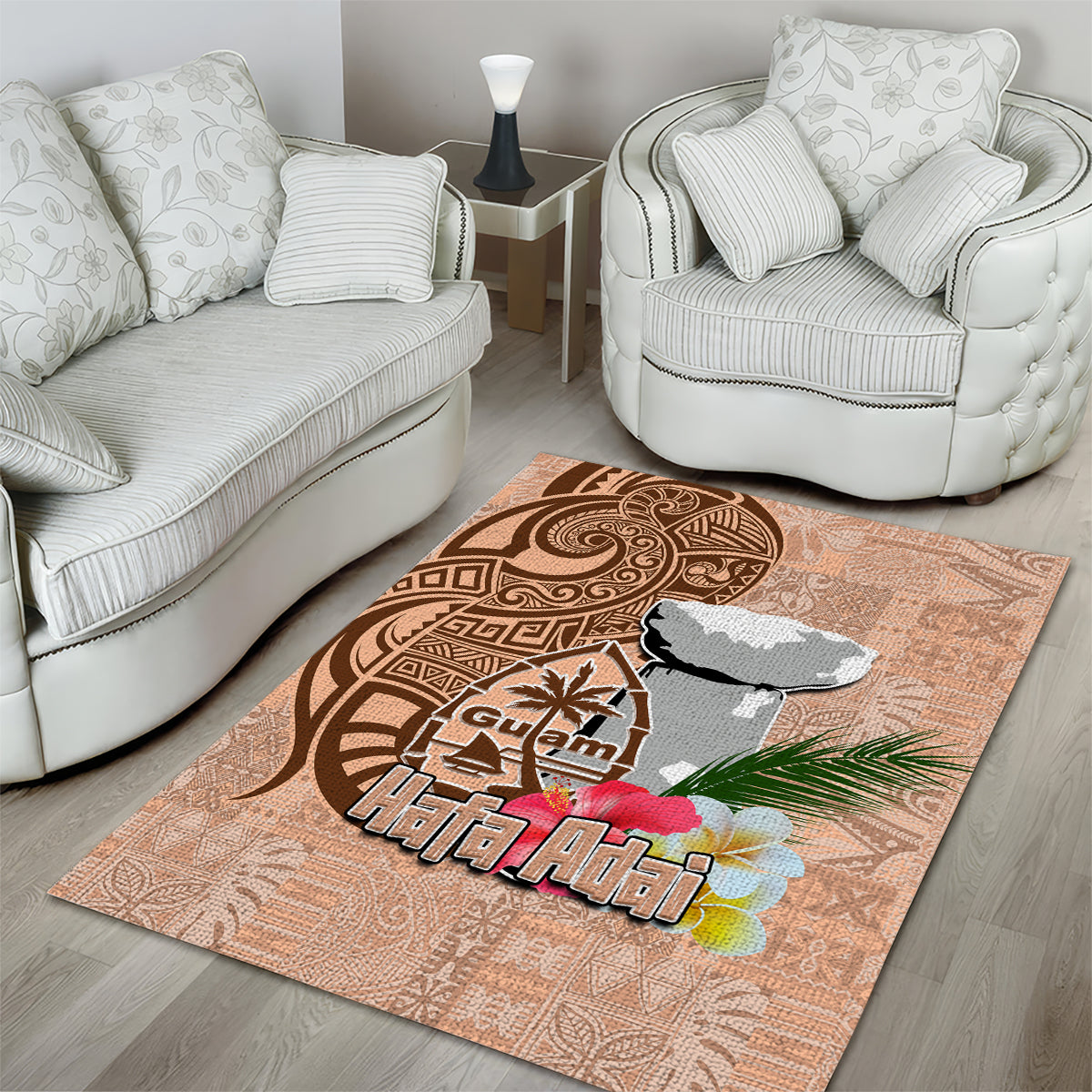 Guam Seal and Latte Stone With Ethnic Tapa Pattern Area Rug Peach Fuzz Color LT03 - Polynesian Pride