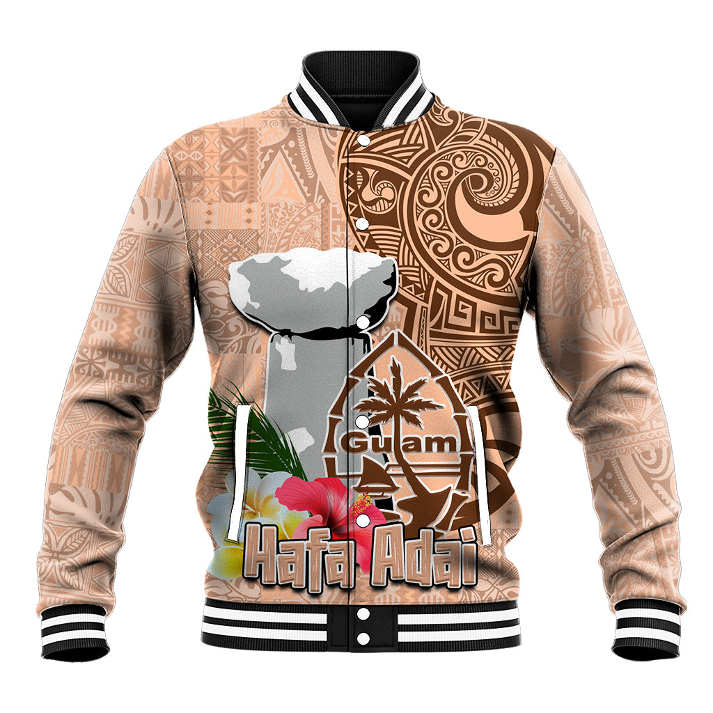 Guam Seal and Latte Stone With Ethnic Tapa Pattern Baseball Jacket Peach Fuzz Color LT03 Unisex Peach Fuzz - Polynesian Pride