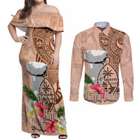 Guam Seal and Latte Stone With Ethnic Tapa Pattern Couples Matching Off Shoulder Maxi Dress and Long Sleeve Button Shirt Peach Fuzz Color LT03 Peach Fuzz - Polynesian Pride