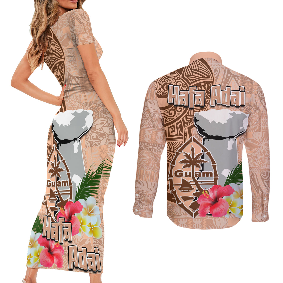 Guam Seal and Latte Stone With Ethnic Tapa Pattern Couples Matching Short Sleeve Bodycon Dress and Long Sleeve Button Shirt Peach Fuzz Color LT03 - Polynesian Pride