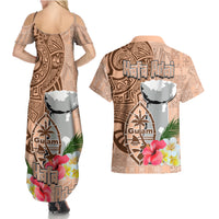 Guam Seal and Latte Stone With Ethnic Tapa Pattern Couples Matching Summer Maxi Dress and Hawaiian Shirt Peach Fuzz Color LT03 - Polynesian Pride