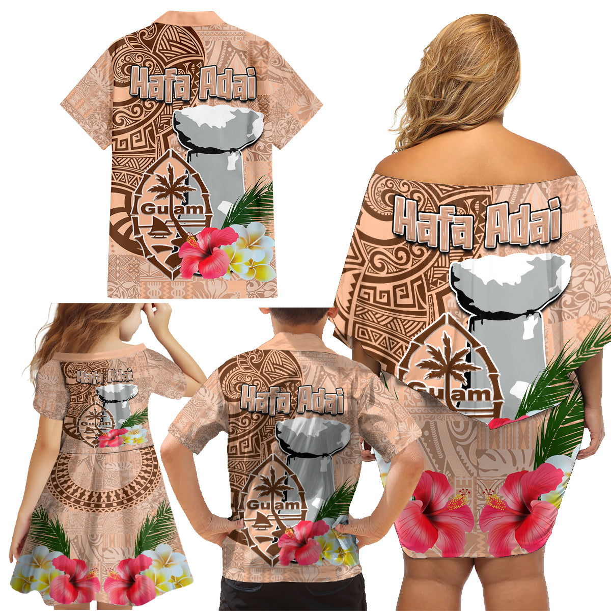 Guam Seal and Latte Stone With Ethnic Tapa Pattern Family Matching Off Shoulder Short Dress and Hawaiian Shirt Peach Fuzz Color LT03 - Polynesian Pride
