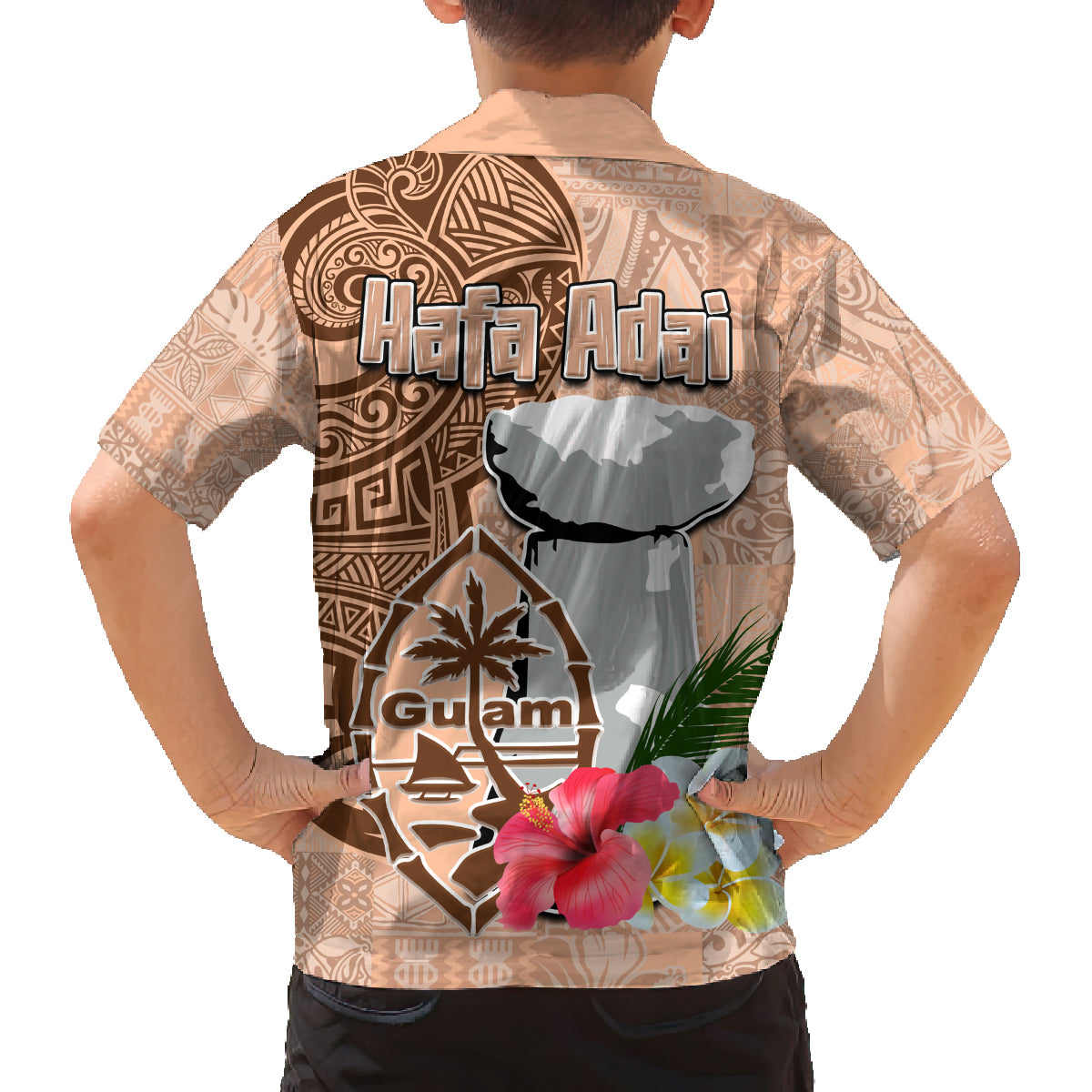 Guam Seal and Latte Stone With Ethnic Tapa Pattern Family Matching Tank Maxi Dress and Hawaiian Shirt Peach Fuzz Color LT03 - Polynesian Pride