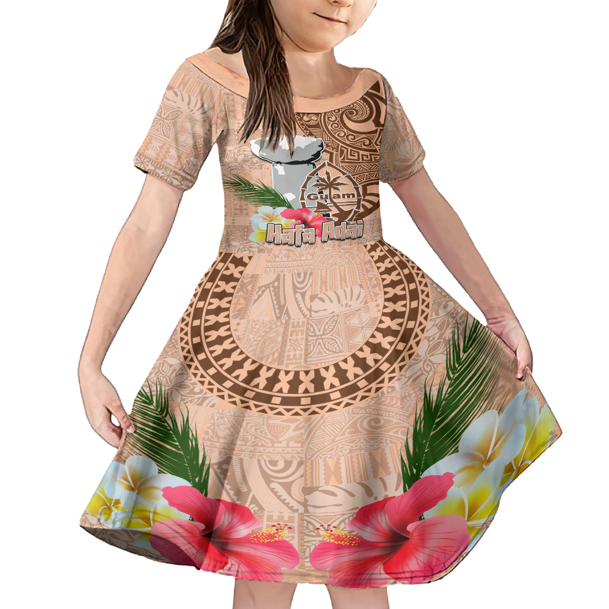 Guam Seal and Latte Stone With Ethnic Tapa Pattern Family Matching Tank Maxi Dress and Hawaiian Shirt Peach Fuzz Color LT03 Daughter's Dress Peach Fuzz - Polynesian Pride