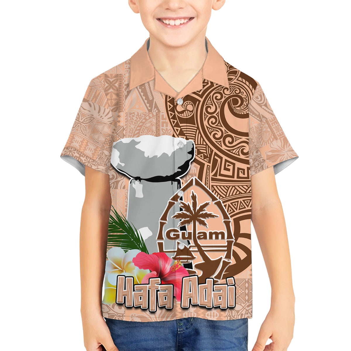 Guam Seal and Latte Stone With Ethnic Tapa Pattern Family Matching Tank Maxi Dress and Hawaiian Shirt Peach Fuzz Color LT03 Son's Shirt Peach Fuzz - Polynesian Pride