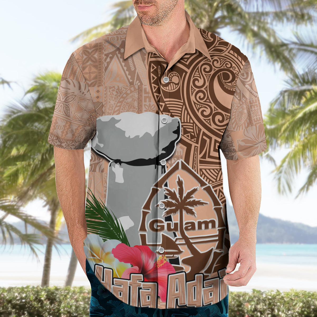 Guam Seal and Latte Stone With Ethnic Tapa Pattern Hawaiian Shirt Peach Fuzz Color LT03 - Polynesian Pride
