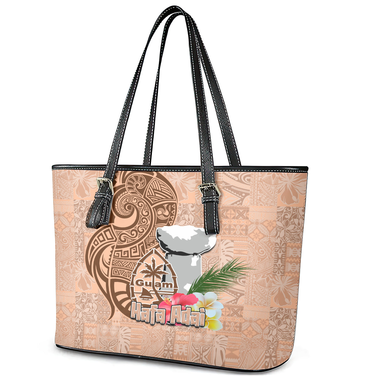 Guam Seal and Latte Stone With Ethnic Tapa Pattern Leather Tote Bag Peach Fuzz Color LT03 - Polynesian Pride
