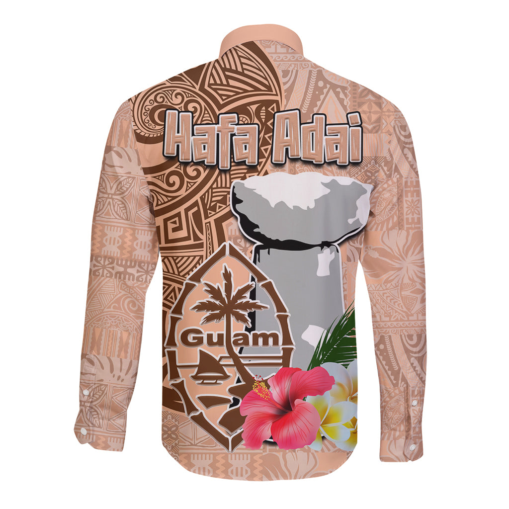 Guam Seal and Latte Stone With Ethnic Tapa Pattern Long Sleeve Button Shirt Peach Fuzz Color LT03 - Polynesian Pride