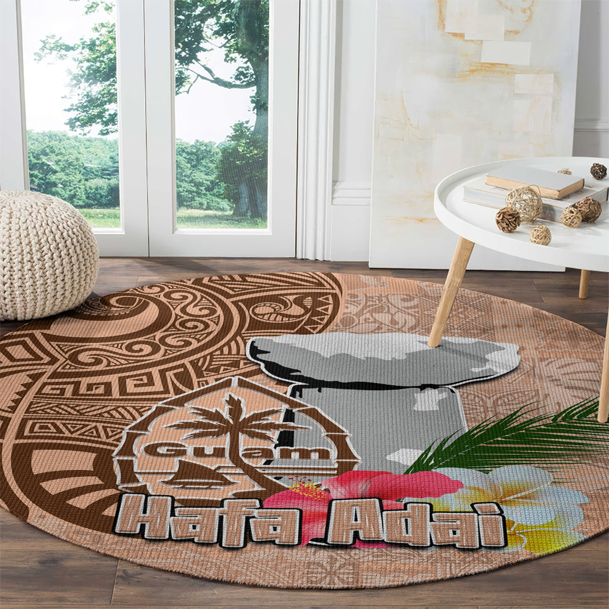 Guam Seal and Latte Stone With Ethnic Tapa Pattern Round Carpet Peach Fuzz Color LT03 - Polynesian Pride