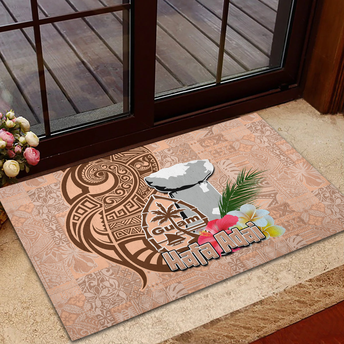 Guam Seal and Latte Stone With Ethnic Tapa Pattern Rubber Doormat Peach Fuzz Color LT03 - Polynesian Pride