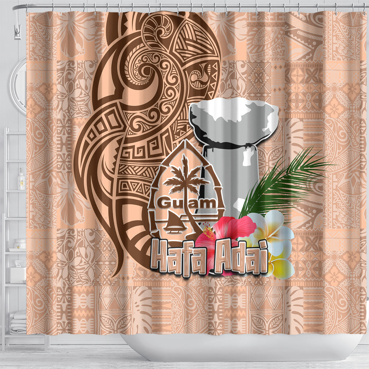 Guam Seal and Latte Stone With Ethnic Tapa Pattern Shower Curtain Peach Fuzz Color LT03 - Polynesian Pride