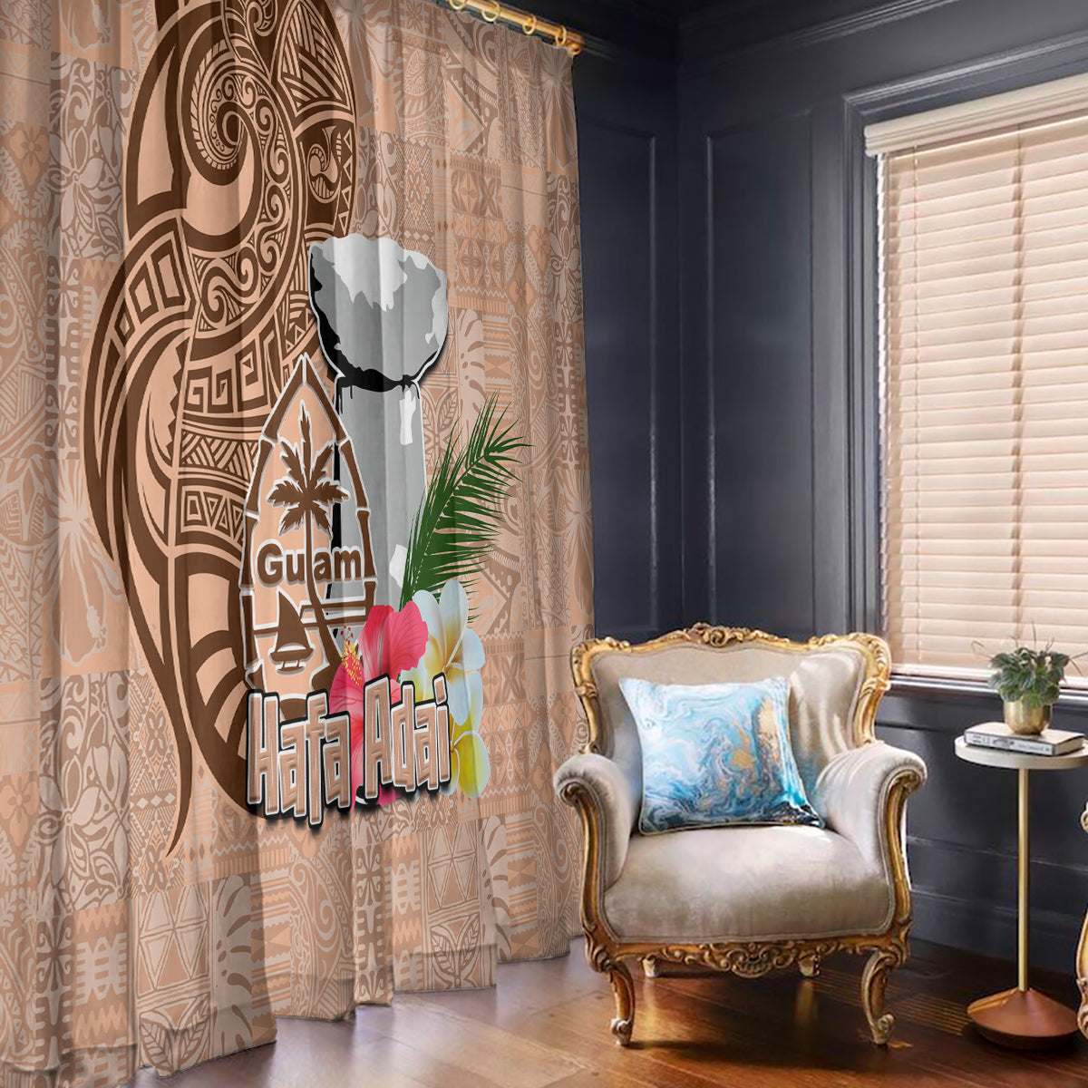 Guam Seal and Latte Stone With Ethnic Tapa Pattern Window Curtain Peach Fuzz Color LT03 - Polynesian Pride