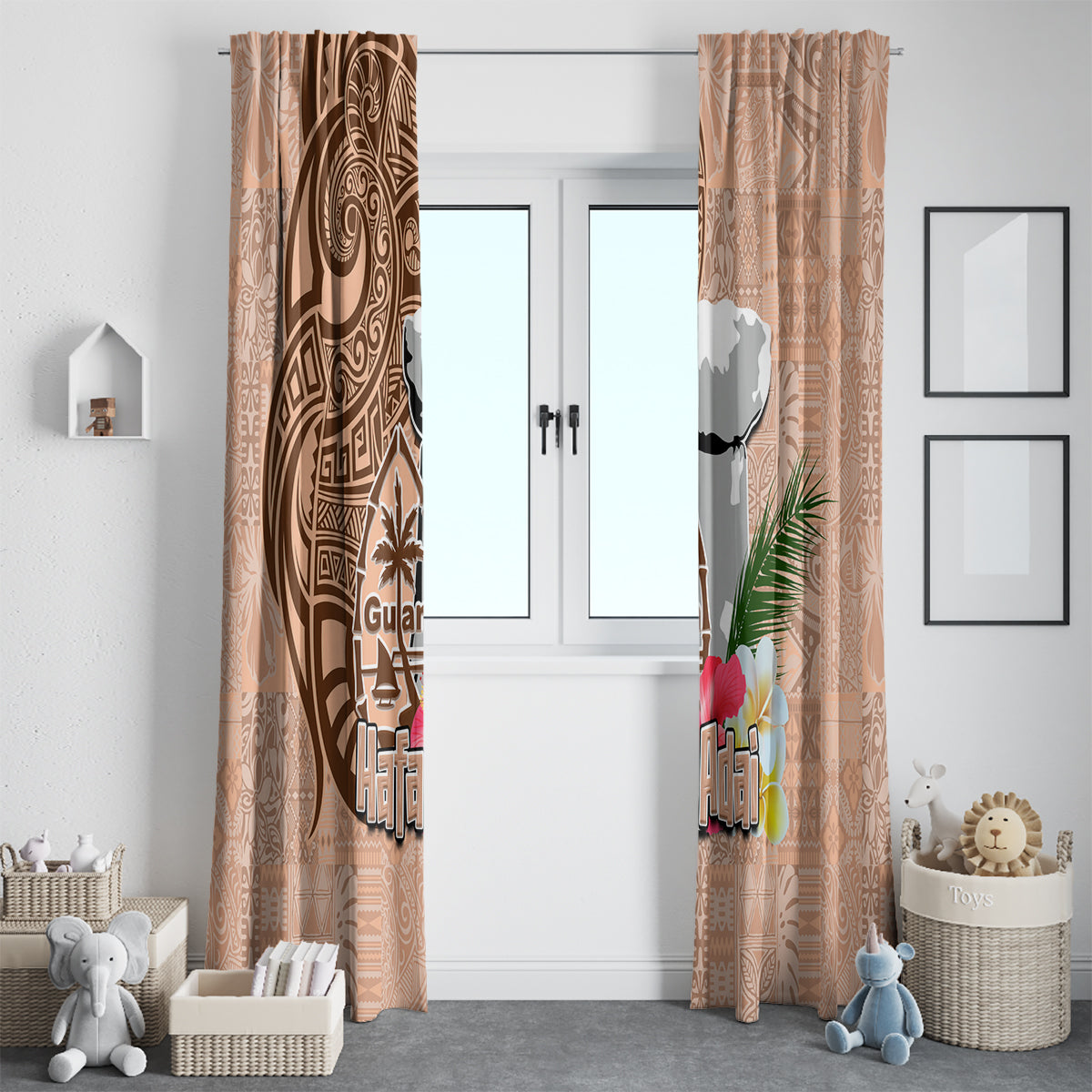 Guam Seal and Latte Stone With Ethnic Tapa Pattern Window Curtain Peach Fuzz Color LT03 - Polynesian Pride