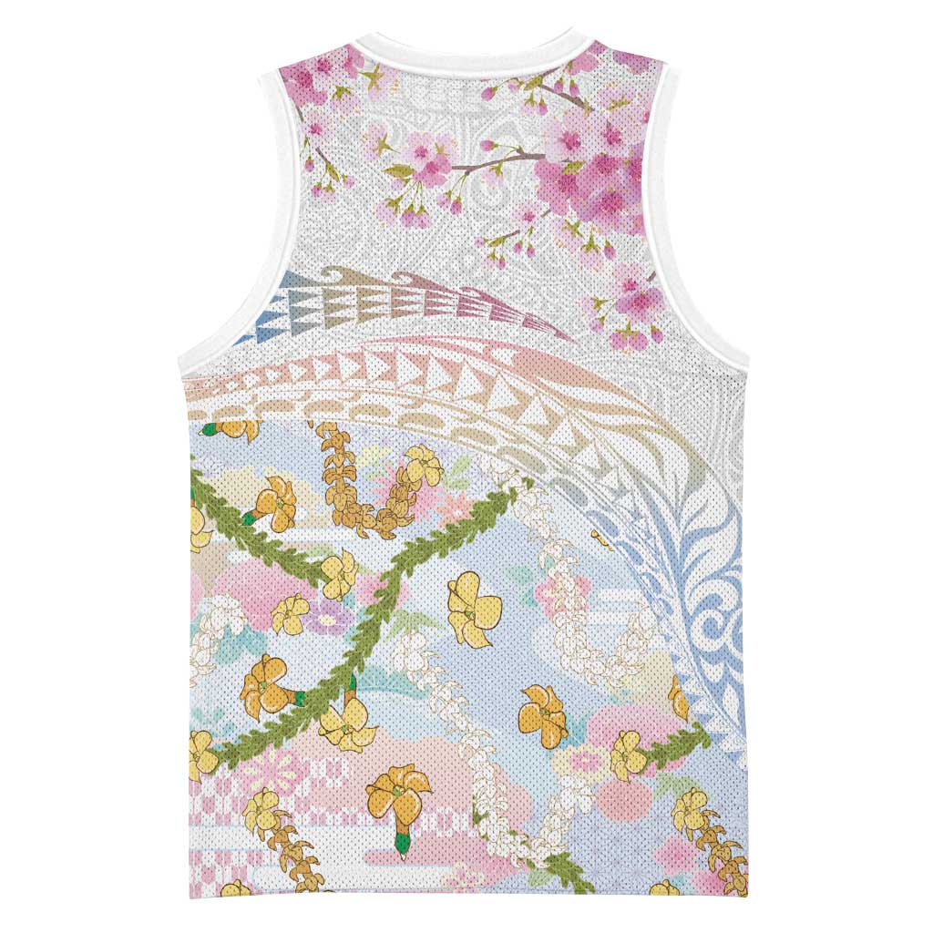 Hawaiian and Japanese Culture Together Basketball Jersey Tribal Motifs with Lei and Japanese Sakura Pattern LT03 - Polynesian Pride