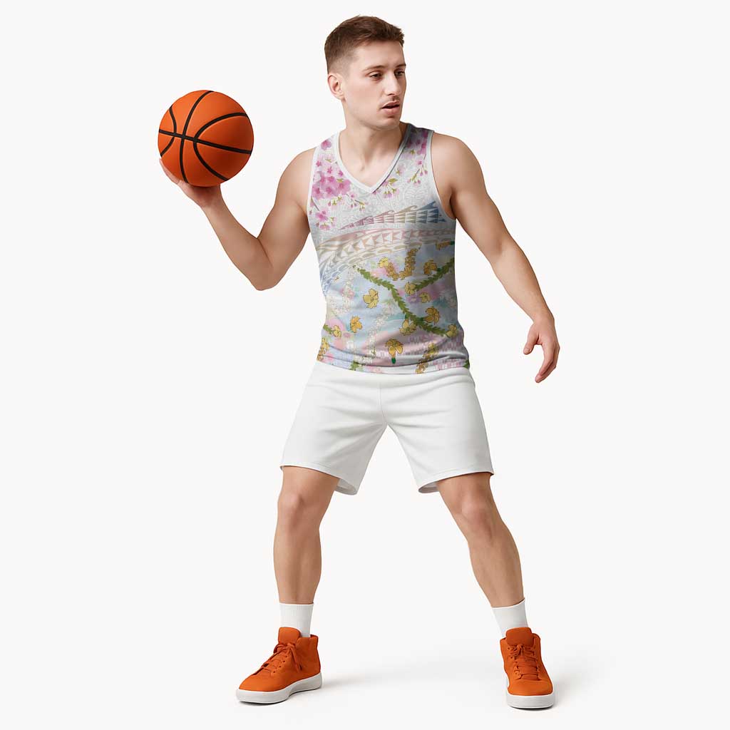 Hawaiian and Japanese Culture Together Basketball Jersey Tribal Motifs with Lei and Japanese Sakura Pattern LT03 - Polynesian Pride