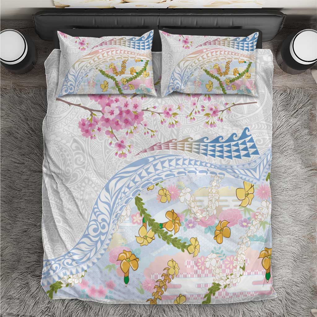 Hawaiian and Japanese Culture Together Bedding Set Tribal Motifs with Lei and Japanese Sakura Pattern