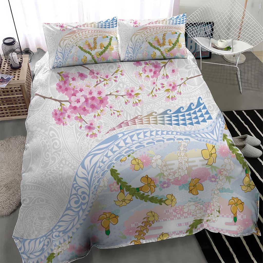 Hawaiian and Japanese Culture Together Bedding Set Tribal Motifs with Lei and Japanese Sakura Pattern