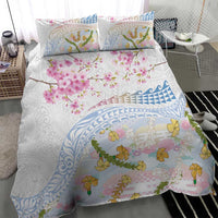 Hawaiian and Japanese Culture Together Bedding Set Tribal Motifs with Lei and Japanese Sakura Pattern