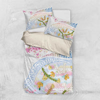 Hawaiian and Japanese Culture Together Bedding Set Tribal Motifs with Lei and Japanese Sakura Pattern