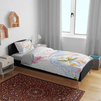Hawaiian and Japanese Culture Together Bedding Set Tribal Motifs with Lei and Japanese Sakura Pattern
