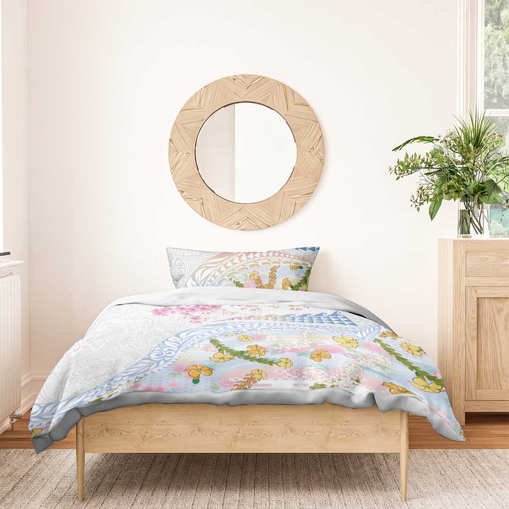 Hawaiian and Japanese Culture Together Bedding Set Tribal Motifs with Lei and Japanese Sakura Pattern