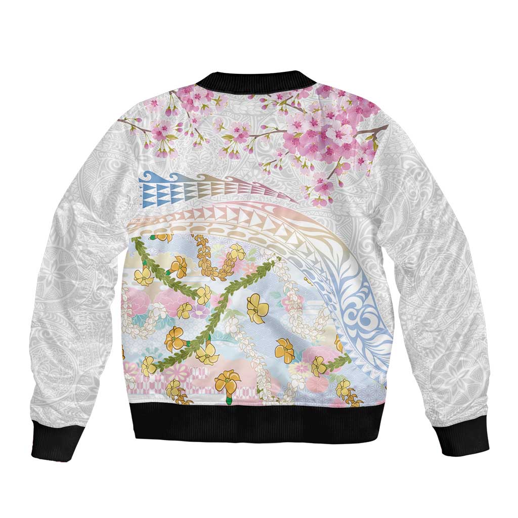 Hawaiian and Japanese Culture Together Bomber Jacket Tribal Motifs with Lei and Japanese Sakura Pattern