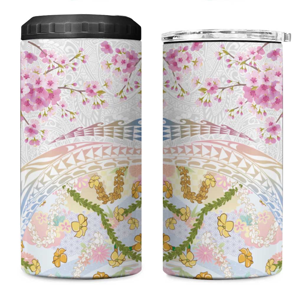 Hawaiian and Japanese Culture Together 4 in 1 Can Cooler Tumbler Tribal Motifs with Lei and Japanese Sakura Pattern LT03 One Size: 16 oz White - Polynesian Pride
