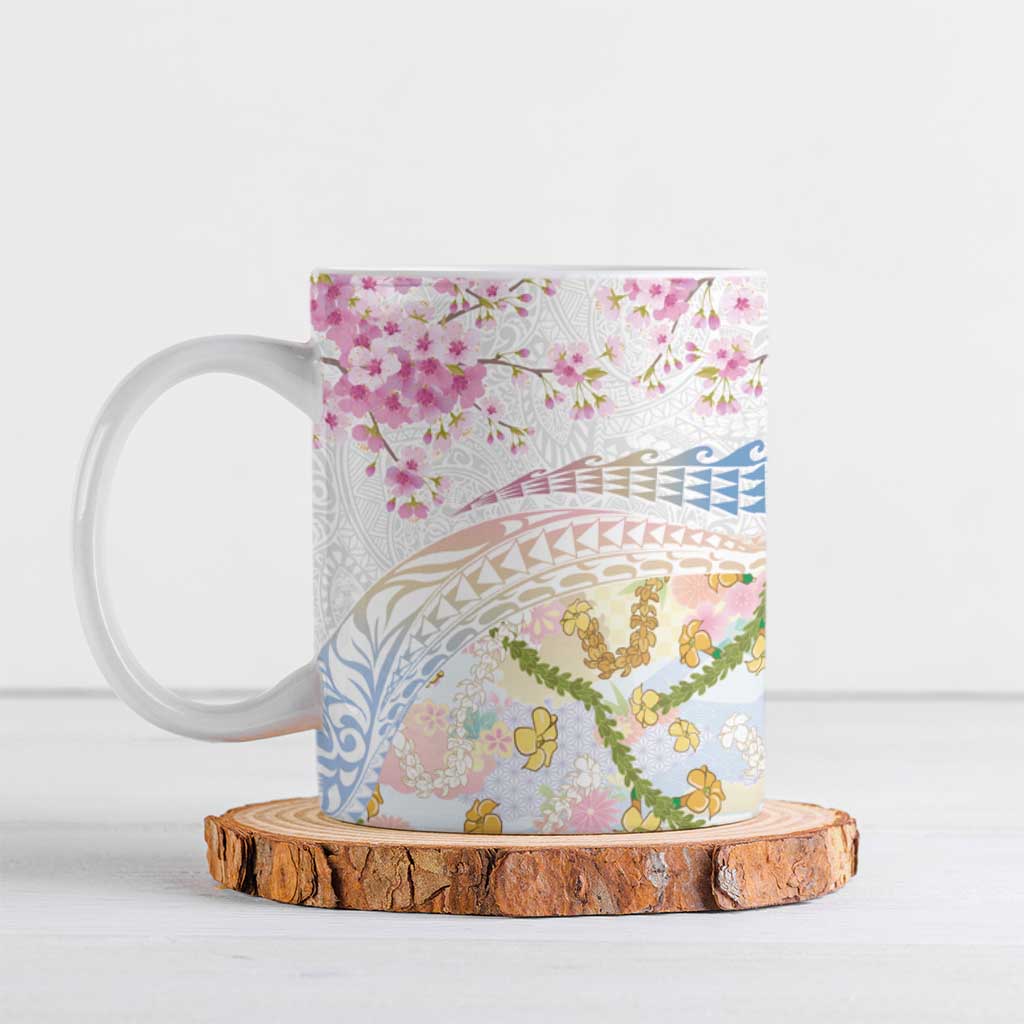 Hawaiian and Japanese Culture Together Ceramic Mug Tribal Motifs with Lei and Japanese Sakura Pattern
