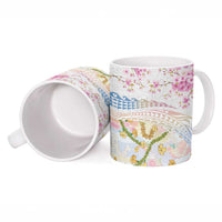 Hawaiian and Japanese Culture Together Ceramic Mug Tribal Motifs with Lei and Japanese Sakura Pattern