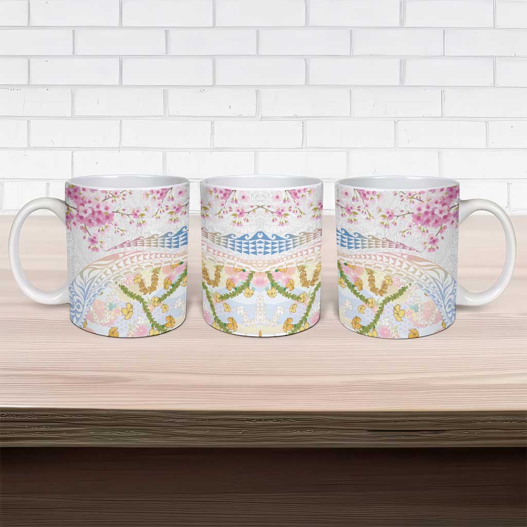 Hawaiian and Japanese Culture Together Ceramic Mug Tribal Motifs with Lei and Japanese Sakura Pattern