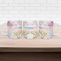 Hawaiian and Japanese Culture Together Ceramic Mug Tribal Motifs with Lei and Japanese Sakura Pattern