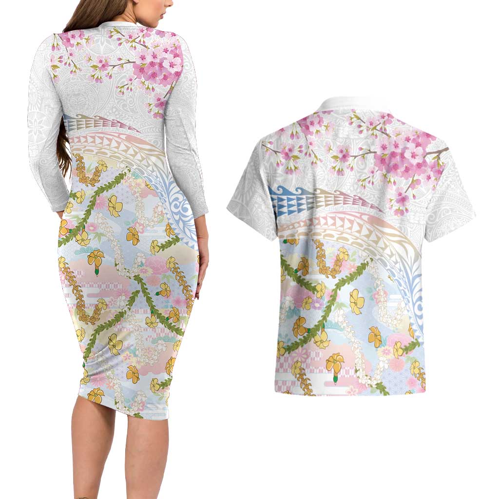 Hawaiian and Japanese Culture Together Couples Matching Long Sleeve Bodycon Dress and Hawaiian Shirt Tribal Motifs with Lei and Japanese Sakura Pattern LT03 - Polynesian Pride