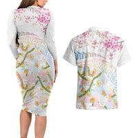 Hawaiian and Japanese Culture Together Couples Matching Long Sleeve Bodycon Dress and Hawaiian Shirt Tribal Motifs with Lei and Japanese Sakura Pattern LT03 - Polynesian Pride
